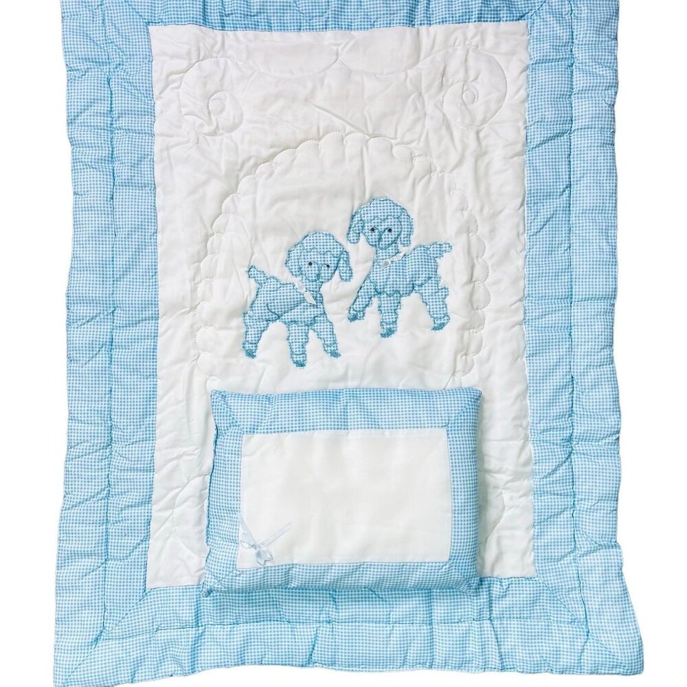 Vintage Baby Blanket Set  Kozee Komfort Crib Quilt Cover Pillow Blue White